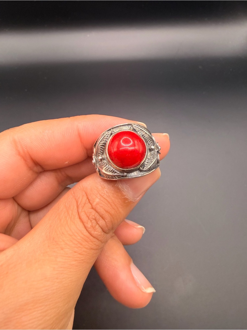 925 Sterling Silver Red Coral Ring Size 10.25